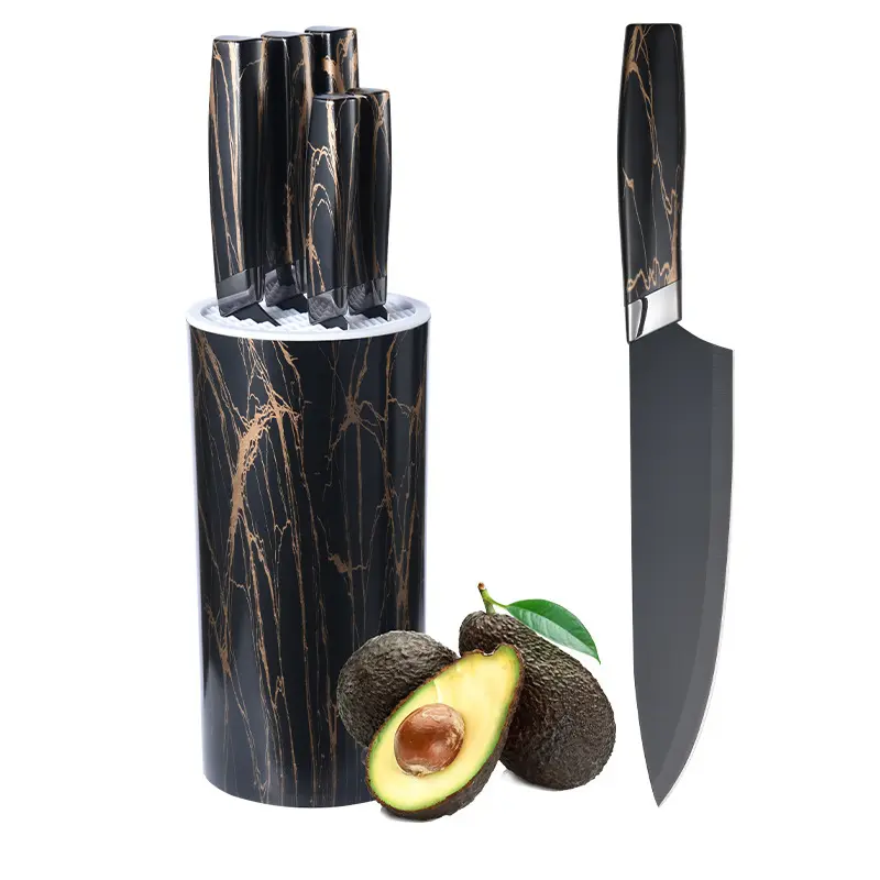 Set di 5 coltelli da cucina con motivo in marmo con blocco, lama in acciaio inossidabile con manico ergonomico