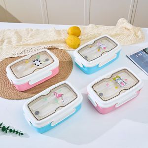 Printed Plastic <b>Compartment</b> <b>Lunch</b> <b>Box</b> With Cutlery Airtight Rectangle For Students Office Workers Pink Blue Mixed Packaging - Product Image 3