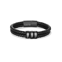 Pulsera de Cuero Trenzado Negro Doble con Cuentas Multitubo Grabadas Personalizadas, Brazalete de Acero Inoxidable con Nombre de Familia y Fecha