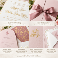 Suite d'invitations de mariage personnalisées rose poudré avec dorure à chaud, enveloppe pochette, sceau de cire, carte RSVP, vente en gros, faible MOQ