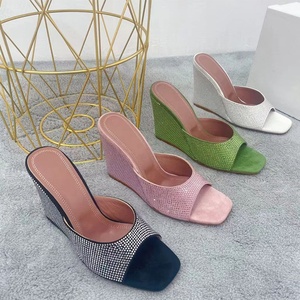 Summer Bling Diamonds Wedding Sandals High Wedge Heels Peep Toe Slides Black Women's on Mules <b>Shoes</b> - Product Image 6