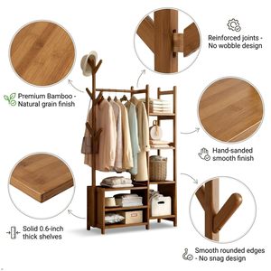 Porte-vêtements SENYU en bambou, étagère de rangement pour chambre à coucher, organisateur de vêtements, porte-chapeaux, armoire avec 6 crochets - Product Image 3
