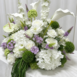 Fresh White Greenery with Purple Accent Table Centerpiece <b>Artificial</b> <b>Flower</b> Arrangement for Wedding Reception Table - Product Image 4