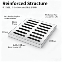 Grille de caniveau carrée moyenne en acier inoxydable à fentes, taille 250 mm, surface brossée, avec couvercle à levage facile pour chemins de randonnée communautaires