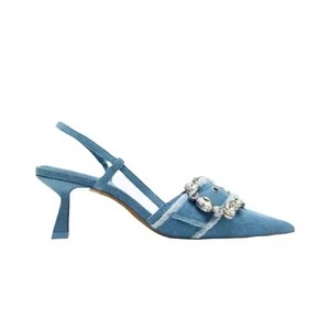 Nuove donne <span class=keywords><strong>blu</strong></span> <span class=keywords><strong>Navy</strong></span> Denim Slingback tacchi alti <span class=keywords><strong>sandali</strong></span> Design a punta fibbia decorazione leggera traspirante per la primavera - Product Image 5