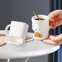 XHL Porcelainous Milk Face Cup Tasses à thé avec poche à biscuits Blanc Cookies Porte-gobelet Cookies Tasse à café en céramique blanche