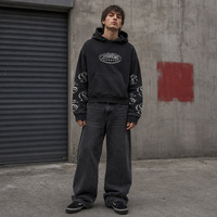 Sweat à capuche personnalisé pour homme, style vintage délavé à l'acide, coupe carrée courte, imprimé graphique, détail poignet orné de strass, vente en gros