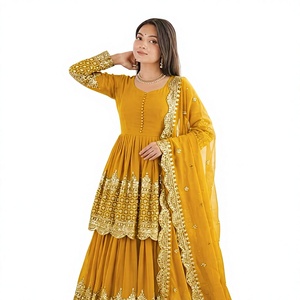 Yellow Embroidered Anarkali Suit Indian Pakistani <b>Top</b> and Dupatta Floral Lace Dress for Wedding Festival Wear - Product Image 1