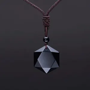 <strong>Black</strong> <strong>Obsidian</strong> Star Pendant <strong>Necklace</strong> with Vintage Geometric Design Rope Chain-Unisex Jewelry for Anniversary Occasions - Product Image 1