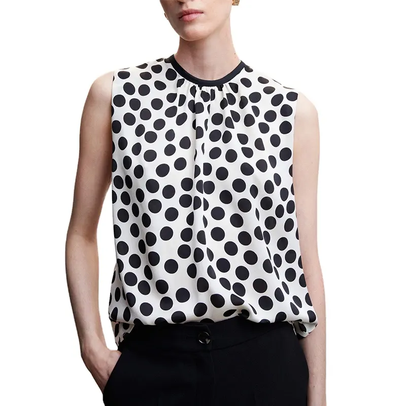 Summer Crew Neck Sleeveless Straight Blouse Women OEM ODM Spots Printed Back Cut Out Satin Tops