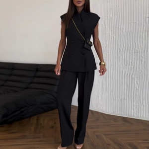 2025 Spring Suit Mulheres Sem Mangas Double Breasted Stand Collar Top Straight Calças De Cintura Alta Elegante Sólida Jacket Calças Set - Product Image 2