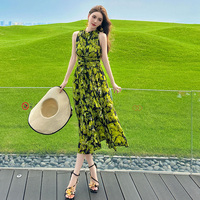 ZYHT 91115 Nouvelle Robe d'été Bohème Luxueuse à Manches Courtes pour Femme, Robe Longue Florale Décontractée, Vêtements d'été pour Femme, Robe Imprimée Verte, Robes d'été