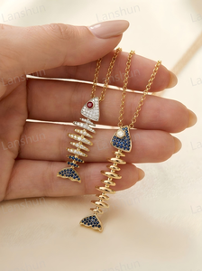 Collana con Ciondolo a Forma di Lisca di <span class=keywords><strong>Pesce</strong></span> Personalizzata, Placcata in Oro con Cristalli CZ, Gioiello alla Moda con Pietre Colorate, Regalo per Donne - Product Image 5