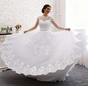 Vestido <span class=keywords><strong>de</strong></span> Novia <span class=keywords><strong>de</strong></span> Encaje con Escote Ilusión, Manga Larga, Estilo Princesa, con Perlas Bordadas en el Cuerpo y Cuello Alto - Product Image 2