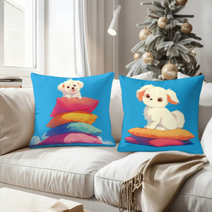 Cute rabbits and puppies on colorful pillows decorate cozy festive living room sofa - Product Image 4
