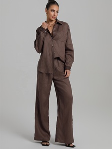 Elegante camicia da donna in due pezzi estiva formale in <span class=keywords><strong>lino</strong></span> con motivo solido e <span class=keywords><strong>pantaloni</strong></span> a maniche lunghe - Product Image 2