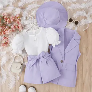 2024 New Arrivals Kids Girls Clothing Set Top Sleeveless Blazer Shorts Hat Sets For Girls Solid Toddler Clothing Girl 4Y-7Y