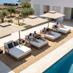 Chaise longue d'extérieur moderne à <span class=keywords><strong>double</strong></span> siège Chaise longue en bois <span class=keywords><strong>de</strong></span> teck avec coussin en tissu imperméable pour la plage - Product Image 3