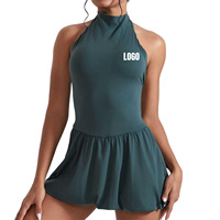 Vestido de Yoga Personalizado para Mujer, Cuello Alto, Sin Espalda, Sin Mangas, Color Sólido, Ligero, con Bolsillo Interior Incorporado