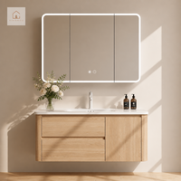 Mueble de Baño Moderno Minimalista XINGRUO de Madera Contrachapada de Roble con Lavabo de Piedra Sinterizada, Mueble Flotante para Suite Principal de Villa de Lujo