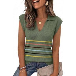 Gilet en tricot sans manches pour femme, col en V, léger, haut d'été décontracté, pull élégant, rayé vert - Product Image 1