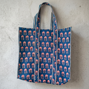 Traditional Blue Cotton Tote Bag with Floral Print Bohemian Style <b>Summer</b> Casual Open Top Shopping <b>Handbag</b> for Women - Product Image 1