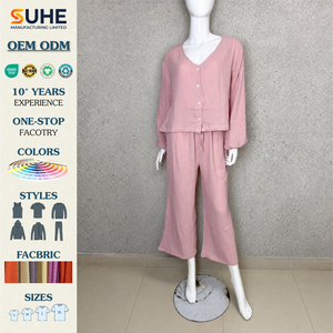 Conjunto de Pijama de Gasa Arrugada 100% Algodón para Mujer, Cuello en V, Manga Larga, con Botones, OEM ODM, Personalizado por SUHE - Product Image 2