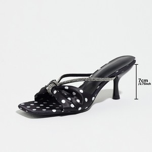 Polka Dot Satin T-Strap Kitten Heel Sandals Flower <b>Decoration</b> Open Toe Buckle Strap Breathable Autumn Summer Fashion High Heel - Product Image 5