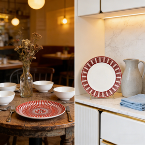 Juego de platos de porcelana roja y blanca estilo Art Deco con borde dorado, platos decorativos para cenar, para decoración de mesa en bodas y restaurantes. - Product Image 6