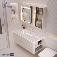 Set Perlengkapan Kamar Mandi YF Modern Healing Cream Wind dengan Kabinet Cermin LED Pintar, Wastafel Keramik Terintegrasi, dan Lemari Penyimpanan