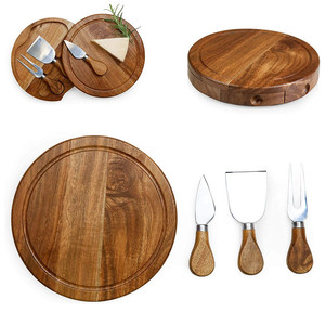 Set di taglieri rotondi in acacia con coltello, forchetta e spatola, tagliere in legno per servire e preparare formaggi - Product Image 4