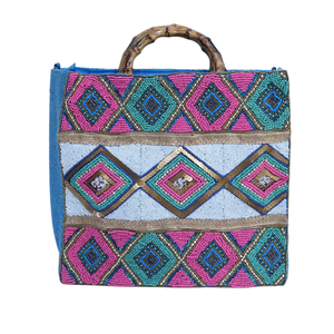 Bolsa de Mano de Lona Exclusiva con Cuentas Hechas a Mano para el Mardi Gras de Luisiana, Patrón de Diamantes Coloridos, Asas de Bambú, Elegante para Uso Diario, OEM ODM - Product Image 1