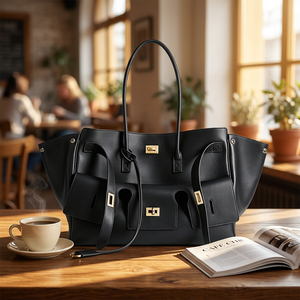 Sac fourre-tout en cuir véritable noir, grande capacité, avec poignée supérieure, sac à bandoulière, fermeture métallique, résistant à l'eau, minimaliste, pour usage quotidien - Product Image 3