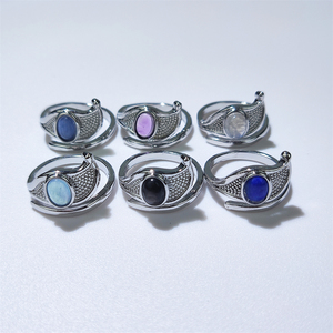 天然宝石リングオーバルカボションアクアマリンブルームーンストーンキヤナイトシルバーメッキ調整可能リング工場直販 - Product Image 1