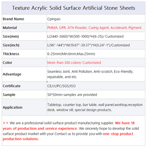 Cpingao หินอ่อนเทียมพื้นผิวอะคริลิคแข็งแผ่น Corians สําหรับเคาน์เตอร์ - Product Image 4
