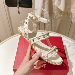 Sandales plates rétro élégantes pour femmes, à bout ouvert, avec lanière cheville tressée et rivets, polyvalentes pour le quotidien et les vacances - Product Image 1