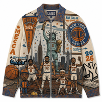 Cardigan tricoté personnalisé à fermeture éclair, motif graphique de basket-ball de New York, veste à col, broderie 3D, style sportif, OEM ODM