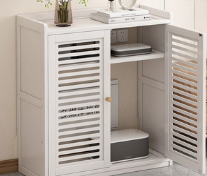 <span class=keywords><strong>Meuble</strong></span> de <span class=keywords><strong>rangement</strong></span> haut de gamme en bambou pour routeur, organisateur de boîtier WiFi, gestion des multiprises avec étagère et portes à persiennes pour la maison et le bureau - Product Image 6