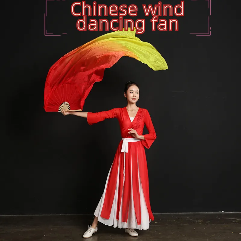 Fan dance fan Chinese style traditional craft handmade red orange yellow long silk fan classical dance performance dance props
