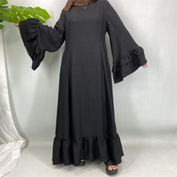 Abaya classique pour jeunes filles musulmanes en tissu de lin mélangé uni à deux couches avec poignets à volants et lien au dos