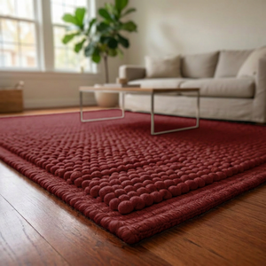 Tapis de salon rectangulaire moderne en laine faite à la main, à boucles longues et pompons, absorbant l'eau - Product Image 3