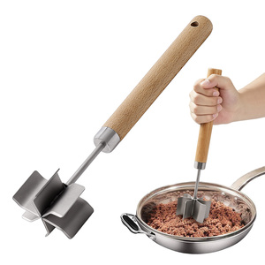 Hachoir à viande en acier inoxydable à 6 lames courbes avec manche en bois, ustensile de cuisine, écraseur de bœuf, écraseur de pommes de terre, écraseur de hamburgers - Product Image 1