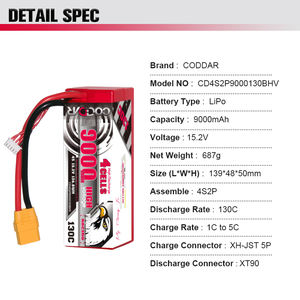 Batterie LiPo CODDAR 4S 4S2P 9000MAH HV 15.2V 130C Câblée Boîtier Rigide Voitures RC <span class=keywords><strong>XT90</strong></span> 1/8 RTR Véhicule Tout-Terrain Monster Truck <span class=keywords><strong>Traxxas</strong></span> - Product Image 5