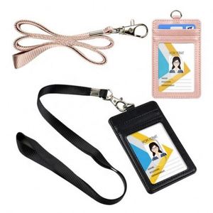 Custom Credit Card Slot Neck Pu <b>Leather</b> Id Card Holder With Badge <b>Lanyard</b> - Product Image 1