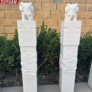 Colonna in Marmo Bianco con Scultura di <span class=keywords><strong>Elefante</strong></span> e Cavallo, Decorazione Moderna Fatta a Mano Personalizzata con Nuvole Auspicanti per Casa, Cortile e <span class=keywords><strong>Giardino</strong></span> - Product Image 1