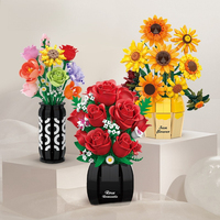 Blocs de construction floraux Bonsaï, fleurs avec vase, tournesol et rose rouge, briques florales à assembler, vente en gros OEM