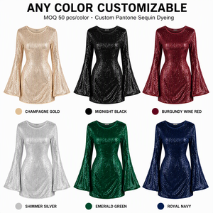 Produttore di Abiti da Festa con Paillettes Personalizzati, Mini Abito Aderente da Donna con Collo Tondo, Maniche Lunghe a Campana, Vestito da Sera con Lacci sul Retro - Product Image 2