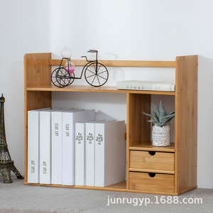 Bamboo Mini <b>Desktop</b> Storage Rack 2 Tier Wooden Bookshelf Office Organizer Natural Wood Color Rectangle Standing Type - Product Image 4