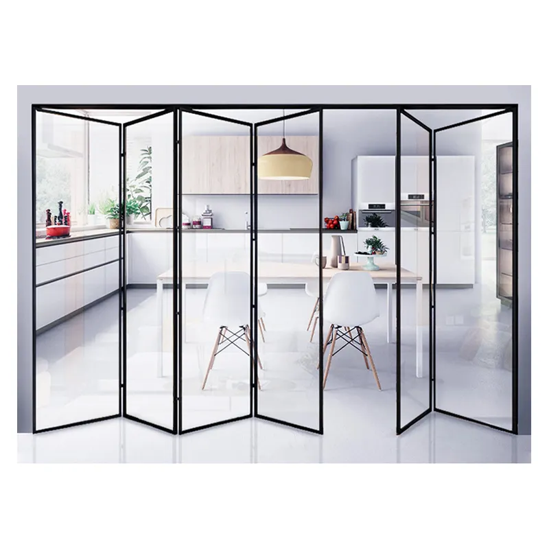 Desain Aluminium Aloi Kaca Tempered Pintu Geser Modern Ruang Makan Tempat Pintu Lipat Sisi Sempit Interior Dapat Dilipat