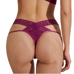 여자의 섹시 노 쇼 레이스 속옷 하이 컷 비키니 팬티 통기성 보이지 않는 끈 팬티 자수 니트 고층 힙 스터 - Product Image 1